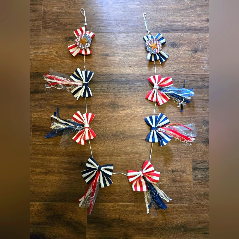 USA Patriotic Red White Blue Bow Garland Decor Rustic Country Home Office Ribbon